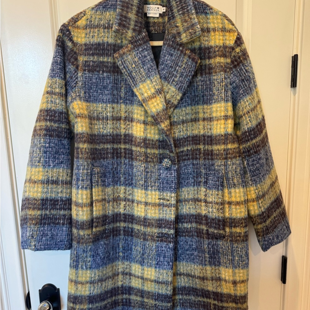 Molly Bracken Women's Plaid Pea Coat - Blue, Yellow, and Brown